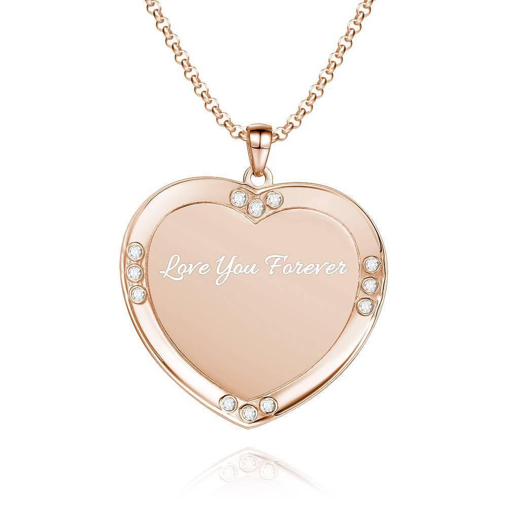 Men's Personalized Photo Engraved Necklace, Rhinestone Crystal Heart Shape Photo Necklace Rose Gold Plated - Sketch -