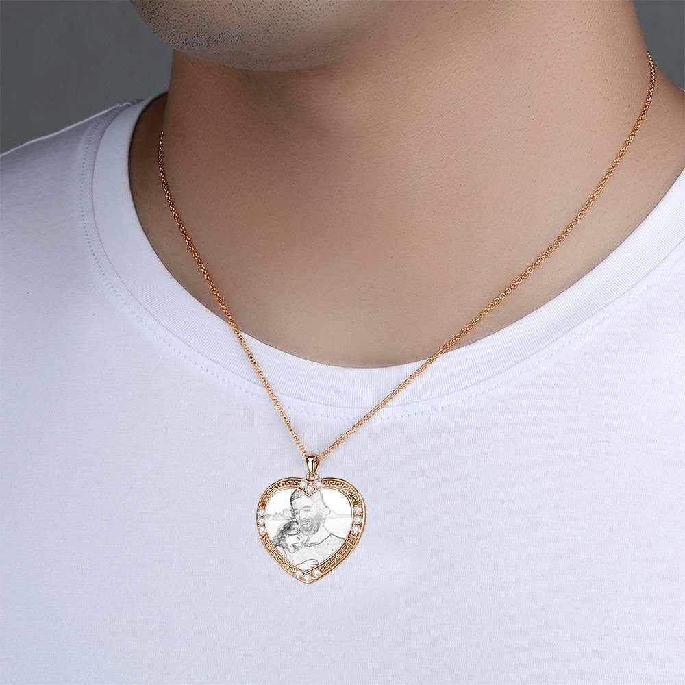 Men's Personalized Photo Engraved Necklace, Rhinestone Crystal Heart Shape Photo Necklace Rose Gold Plated - Sketch -