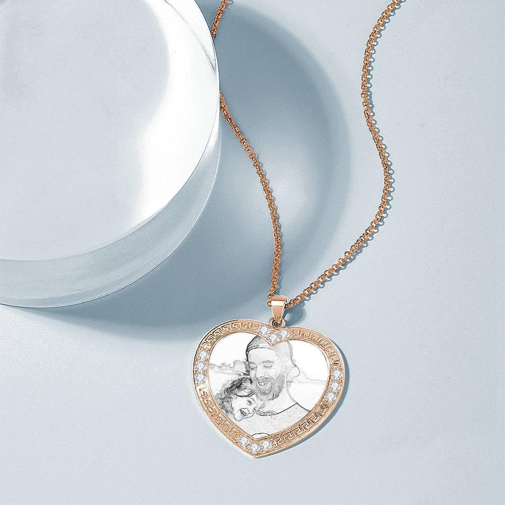 Men's Personalized Photo Engraved Necklace, Rhinestone Crystal Heart Shape Photo Necklace Rose Gold Plated - Sketch -