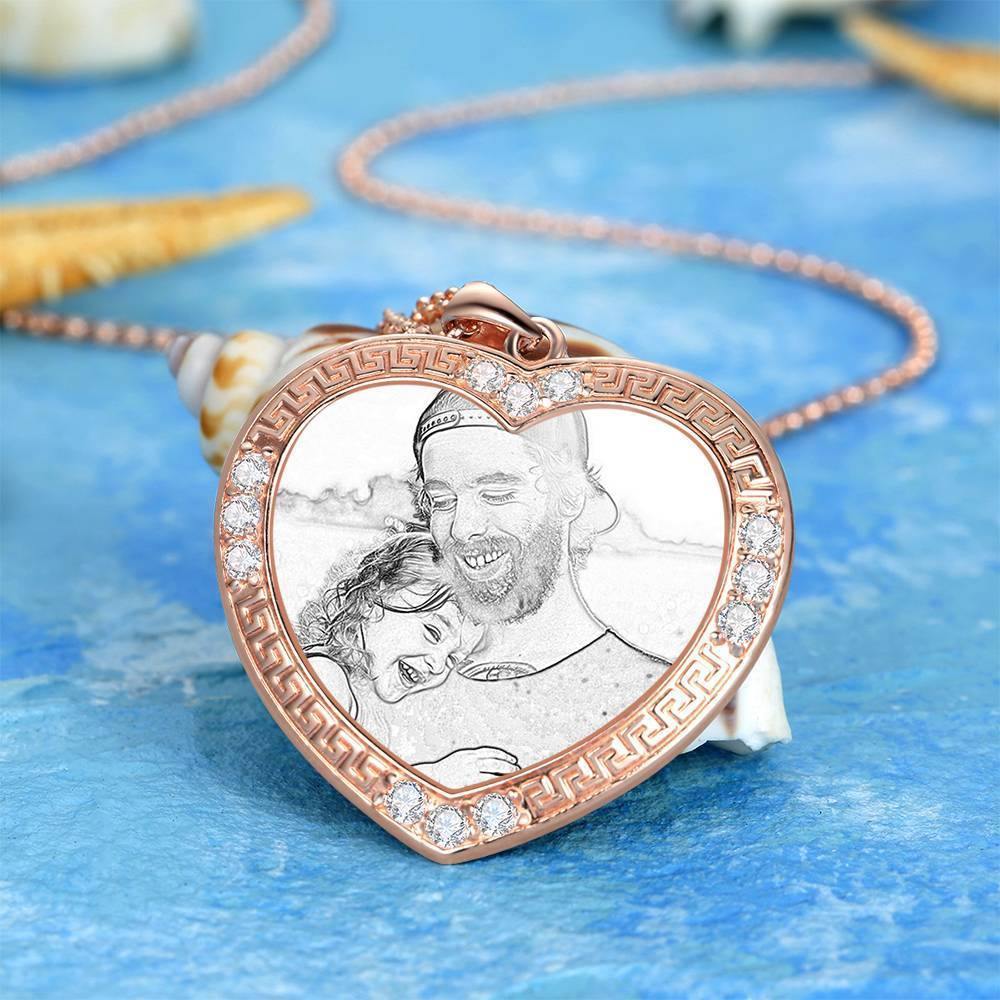 Men's Personalized Photo Engraved Necklace, Rhinestone Crystal Heart Shape Photo Necklace Rose Gold Plated - Sketch -