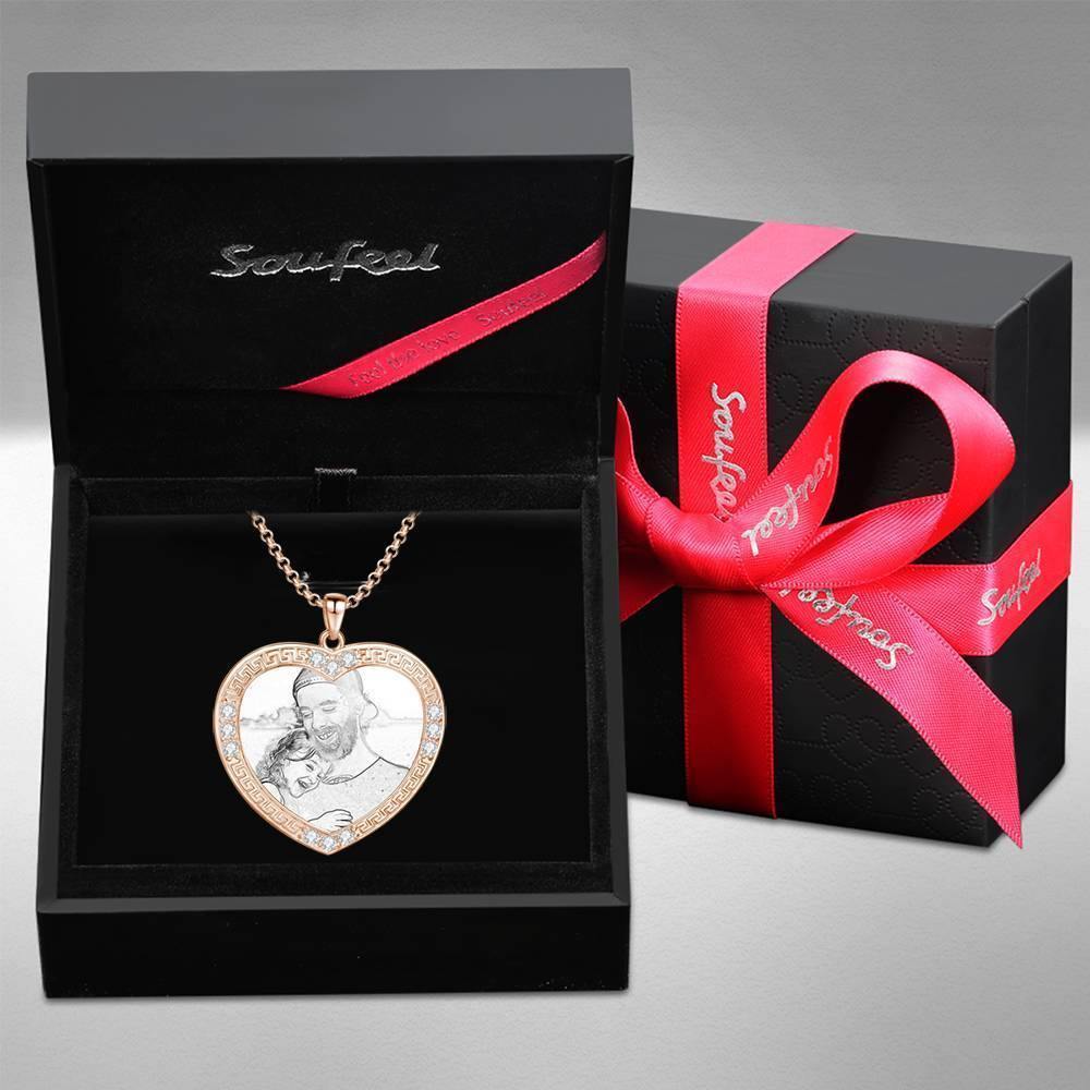 Men's Personalized Photo Engraved Necklace, Rhinestone Crystal Heart Shape Photo Necklace Rose Gold Plated - Sketch - soufeelus