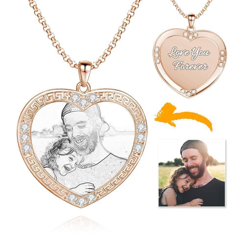 Men's Personalized Photo Engraved Necklace, Rhinestone Crystal Heart Shape Photo Necklace Rose Gold Plated - Sketch -