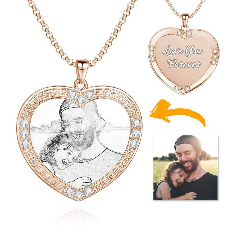 Men's Personalized Photo Engraved Necklace, Rhinestone Crystal Heart Shape Photo Necklace Rose Gold Plated - Sketch - soufeelus