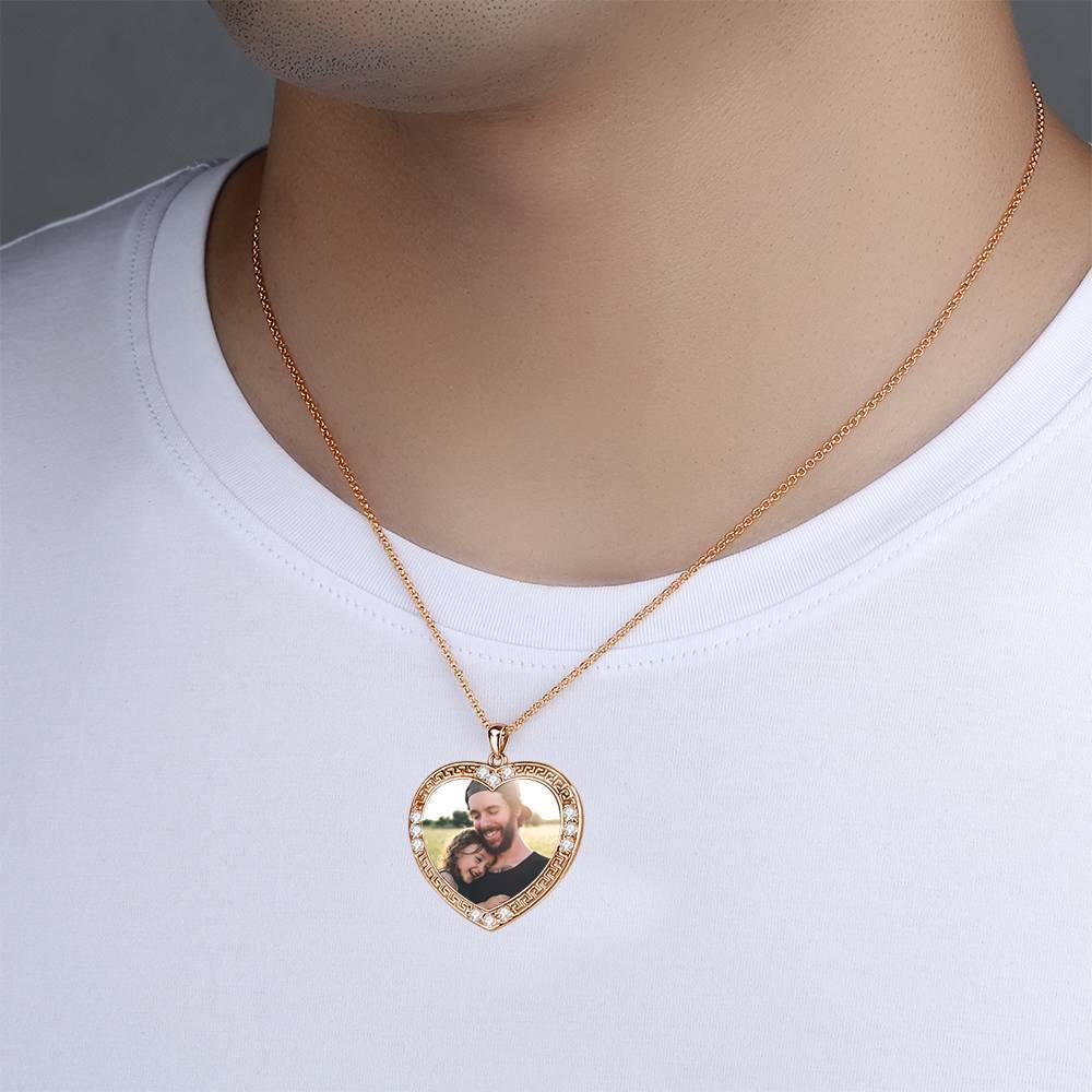 Men's Personalized Photo Engraved Necklace, Rhinestone Crystal Heart Shape Photo Necklace Rose Gold Plated - Colorful - soufeelus