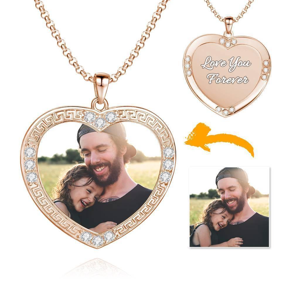 Men's Personalized Photo Engraved Necklace, Rhinestone Crystal Heart Shape Photo Necklace Rose Gold Plated - Colorful -