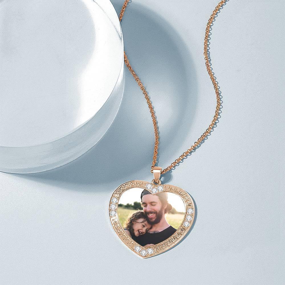 Men's Personalized Photo Engraved Necklace, Rhinestone Crystal Heart Shape Photo Necklace Rose Gold Plated - Colorful -