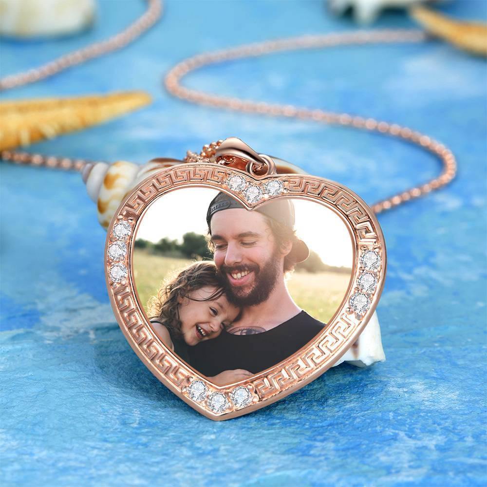 Men's Personalized Photo Engraved Necklace, Rhinestone Crystal Heart Shape Photo Necklace Rose Gold Plated - Colorful -