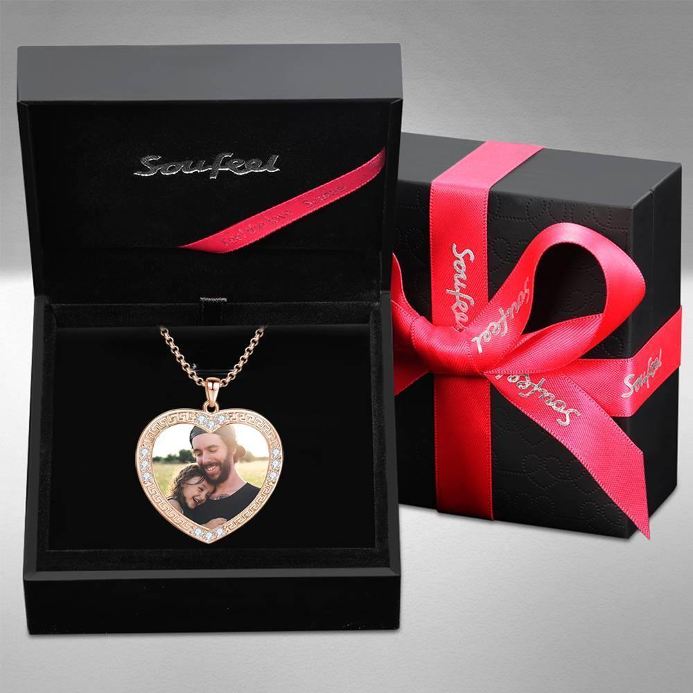 Men's Personalized Photo Engraved Necklace, Rhinestone Crystal Heart Shape Photo Necklace Rose Gold Plated - Colorful -
