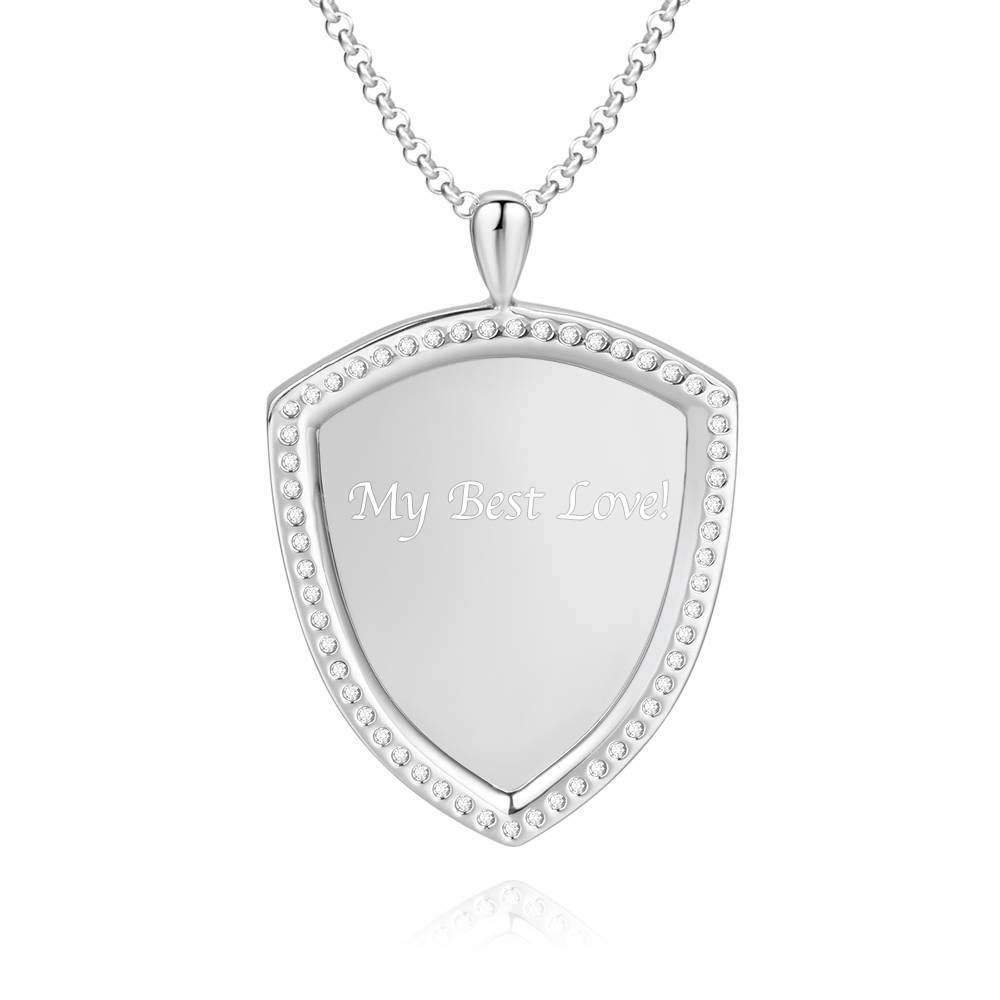 Women's Personalized Photo Engraved Necklace, Rhinestone Crystal Shield Shape Photo Necklace Platinum Plated Silver - Colorful - soufeelus