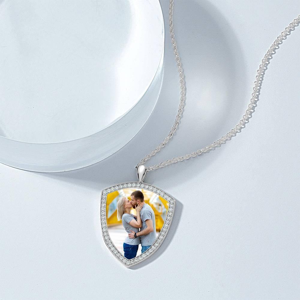 Women's Personalized Photo Engraved Necklace, Rhinestone Crystal Shield Shape Photo Necklace Platinum Plated Silver - Colorful - soufeelus