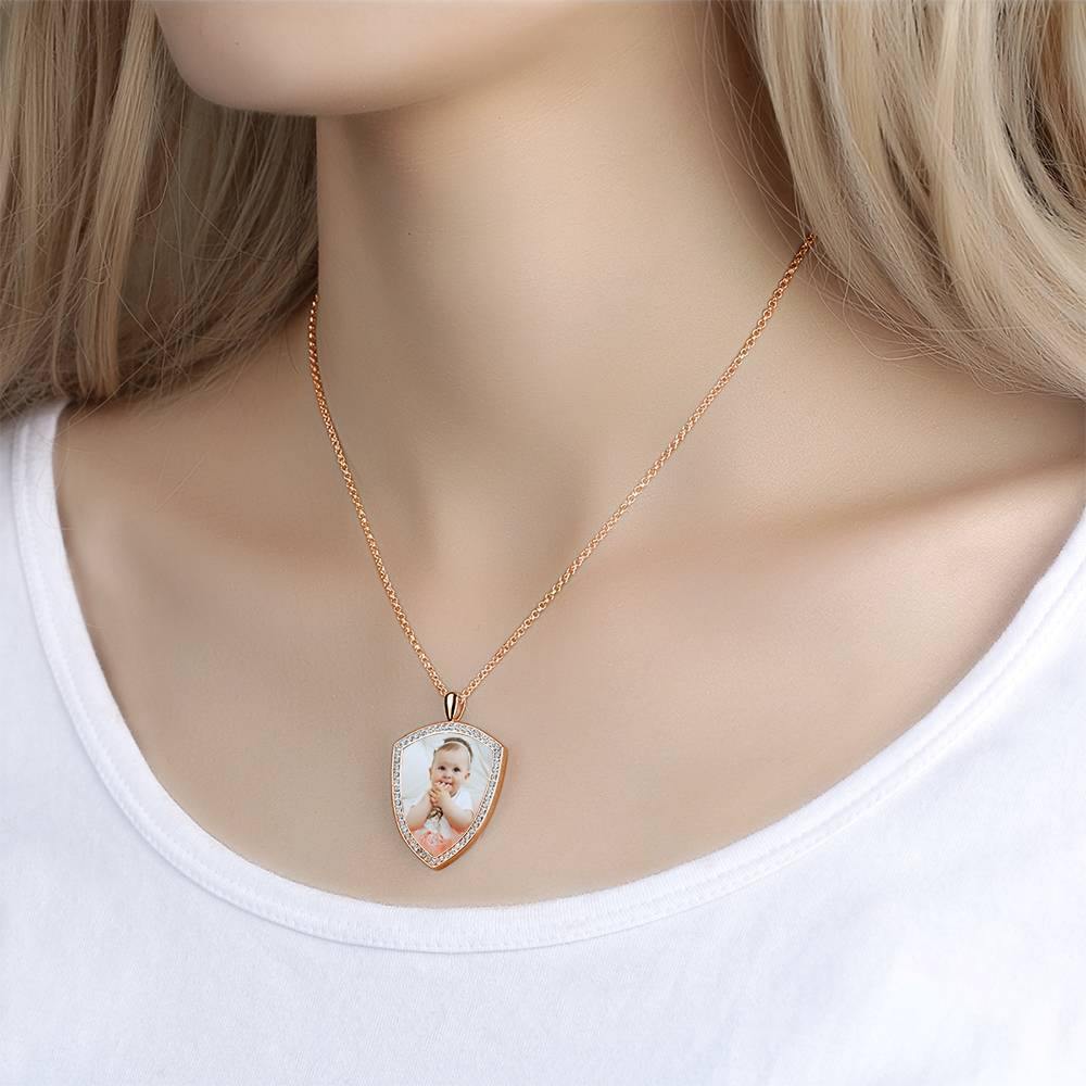 Women's Personalized Photo Engraved Necklace, Rhinestone Crystal Shield Shape Photo Necklace Rose Gold Plated - Colorful - soufeelus