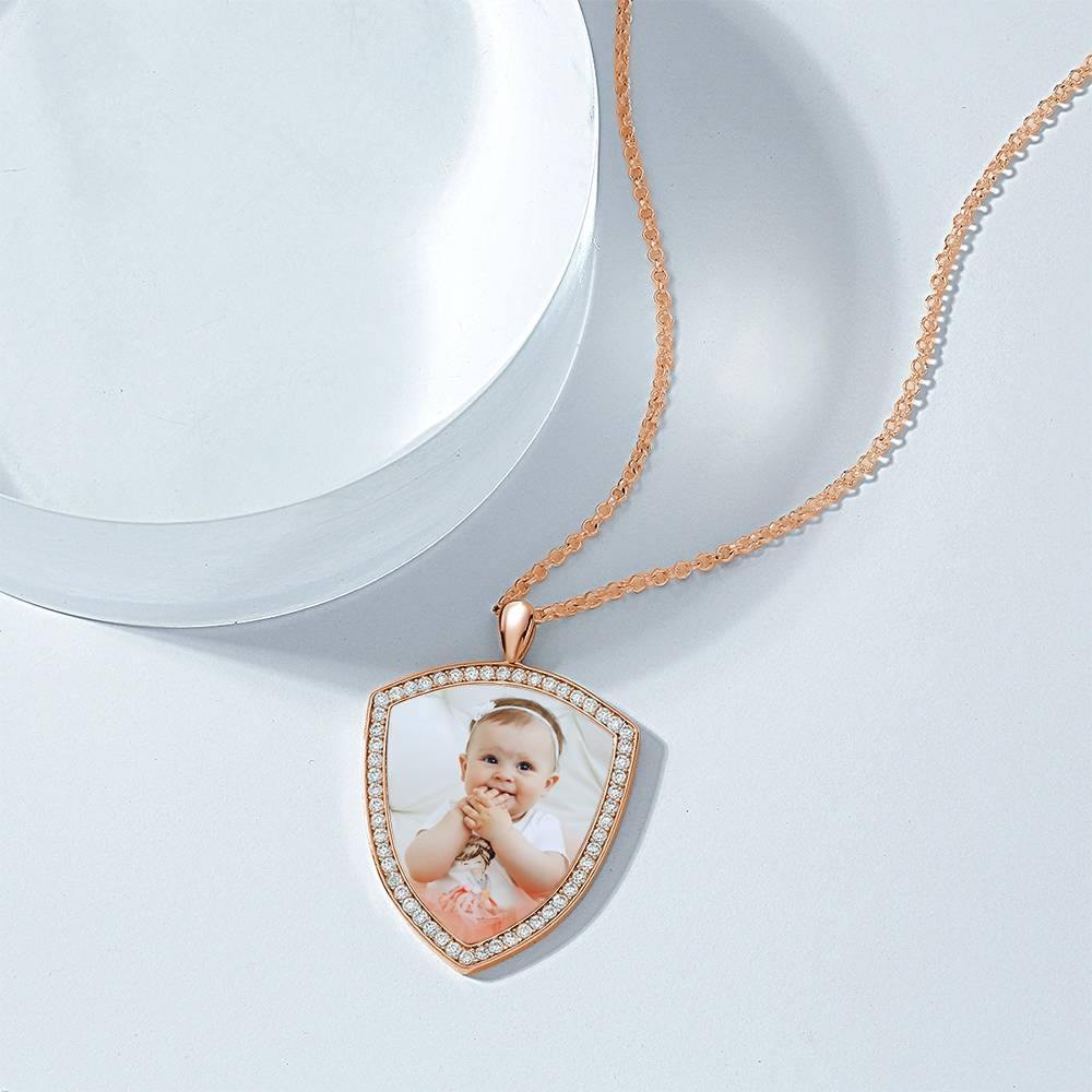 Women's Personalized Photo Engraved Necklace, Rhinestone Crystal Shield Shape Photo Necklace Rose Gold Plated - Colorful - soufeelus