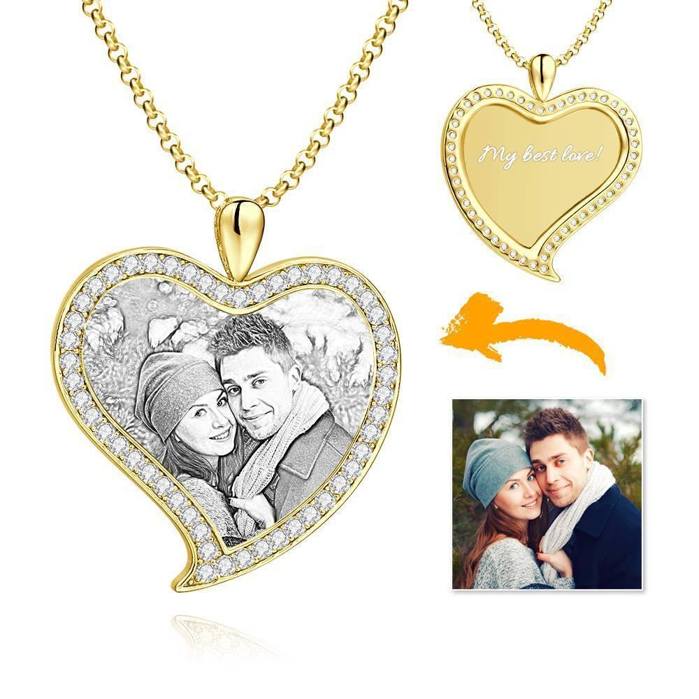 Women's Personalized Photo Engraved Necklace, Rhinestone Crystal Love Heart Shape Photo Necklace Rose Gold Plated - Sketch - soufeelus