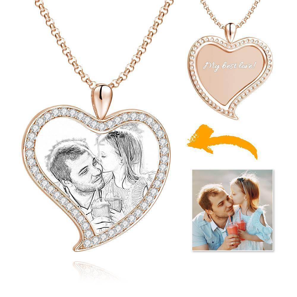 Women's Personalized Photo Engraved Necklace, Rhinestone Crystal Love Heart Shape Photo Necklace Rose Gold Plated - Sketch - soufeelus