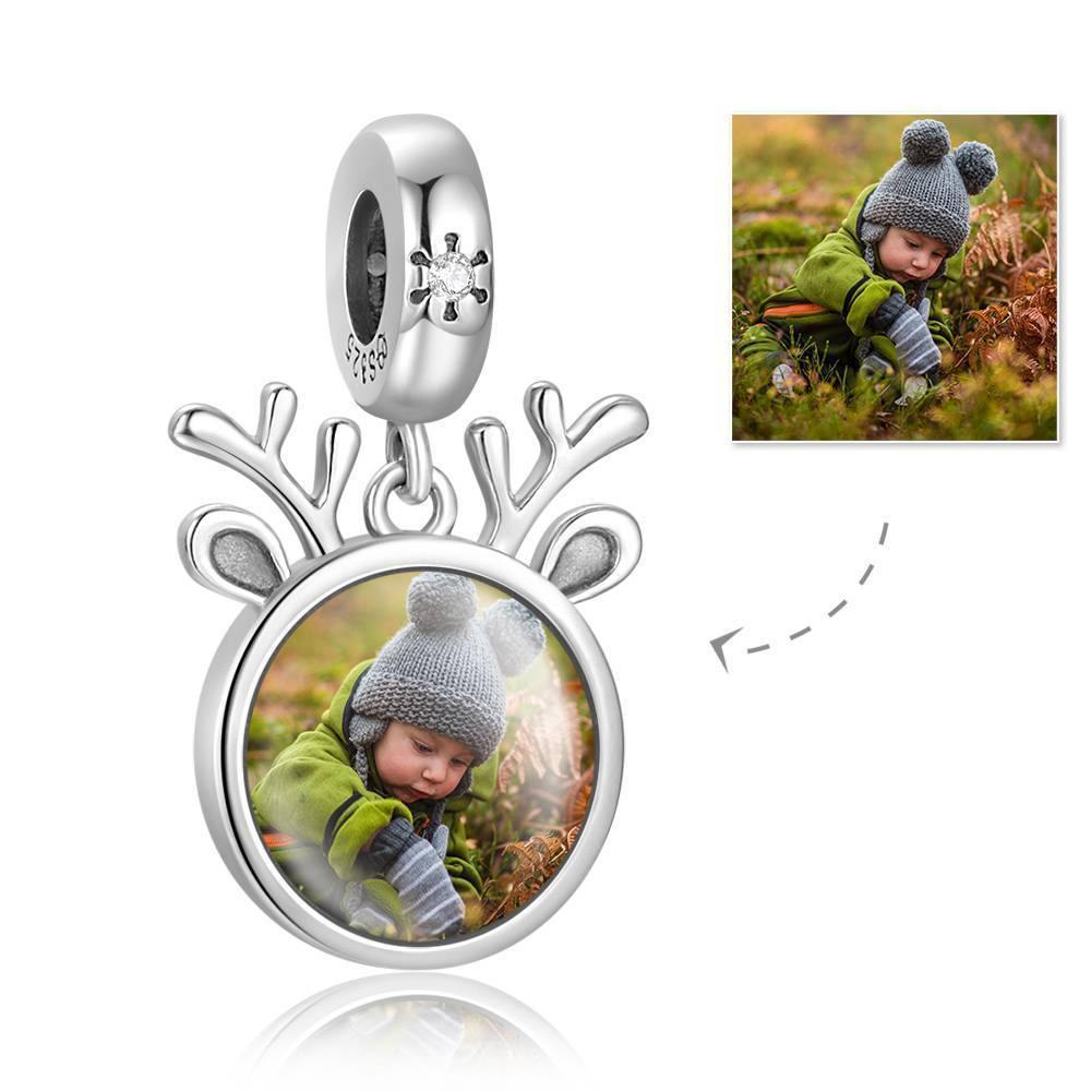 Round Dangle Engraved Photo Charm with Swarovski Crystal Silver - soufeelus