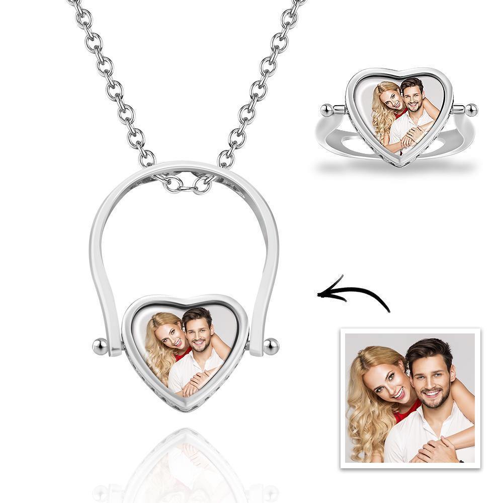 Photo Necklace, Photo Ring Heart-shaped Couple's Gifts Dual-use (Ring Size 5#) Silver - soufeelus