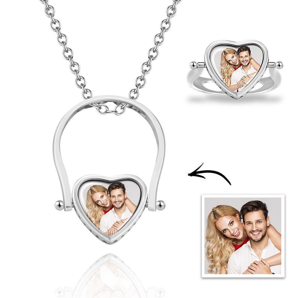 Photo Necklace, Photo Ring Heart-shaped Couple's Gifts Dual-use (Ring Size 5#) Silver - soufeelus