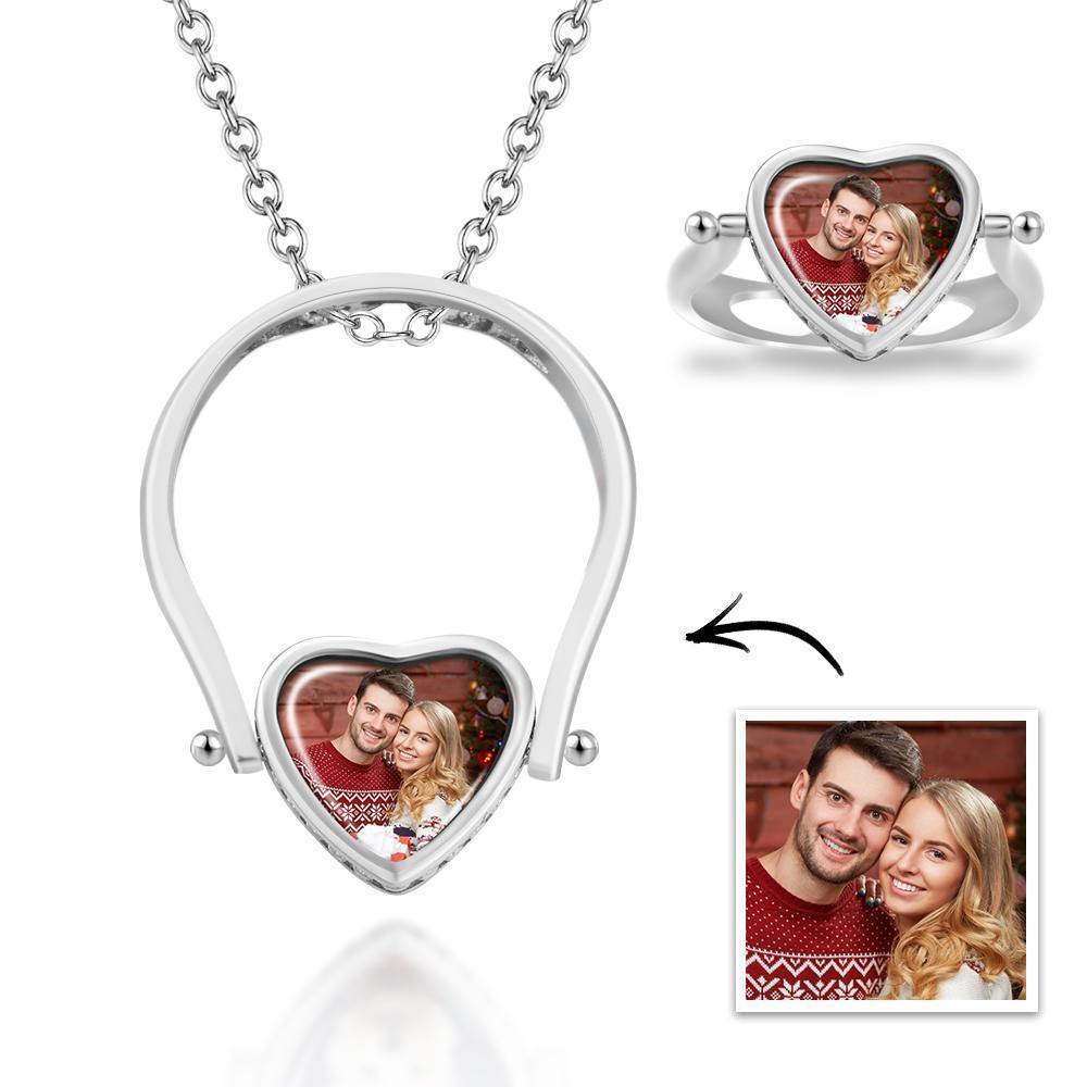 Photo Necklace, Photo Ring Couple's Gifts Dual-use (Ring Size 8#) 14k Gold Plated - soufeelus