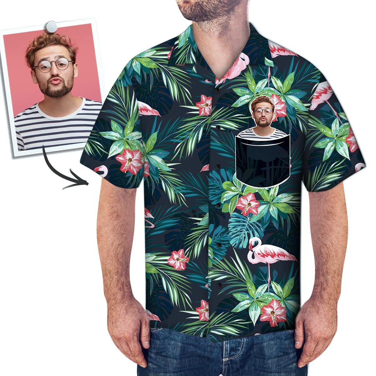 Custom Face Hawaiian Shirt Personalized Photo Fake Pocket Shirt Green Leaf