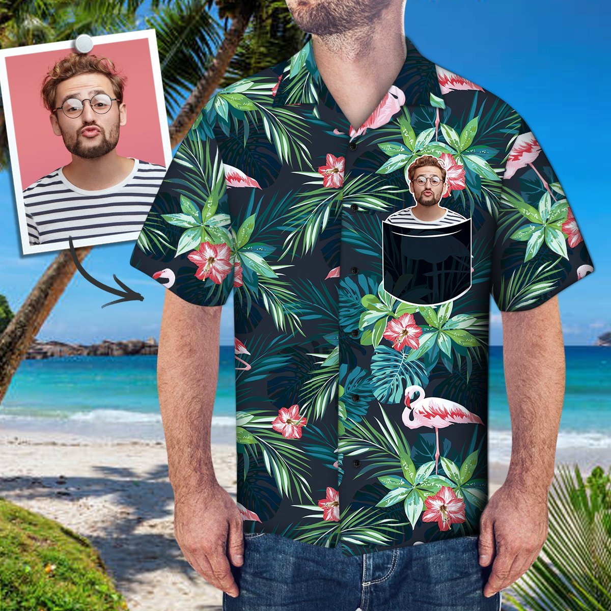 Custom Face Hawaiian Shirt Personalized Photo Fake Pocket Shirt Green Leaf