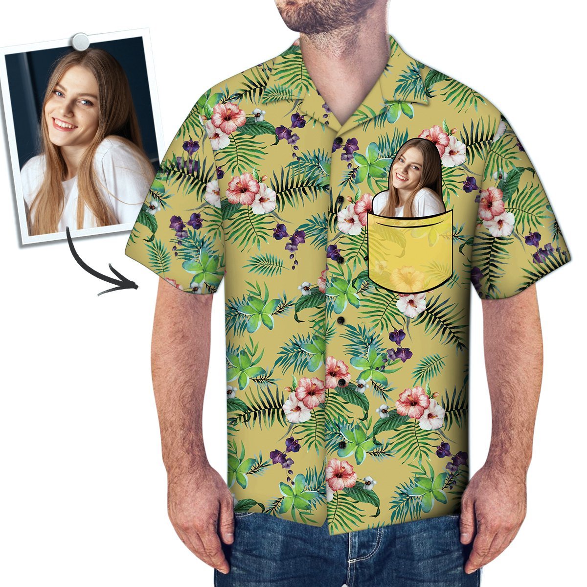 Custom Face Hawaiian Shirt Personalized Photo Fake Pocket Shirt Flowers