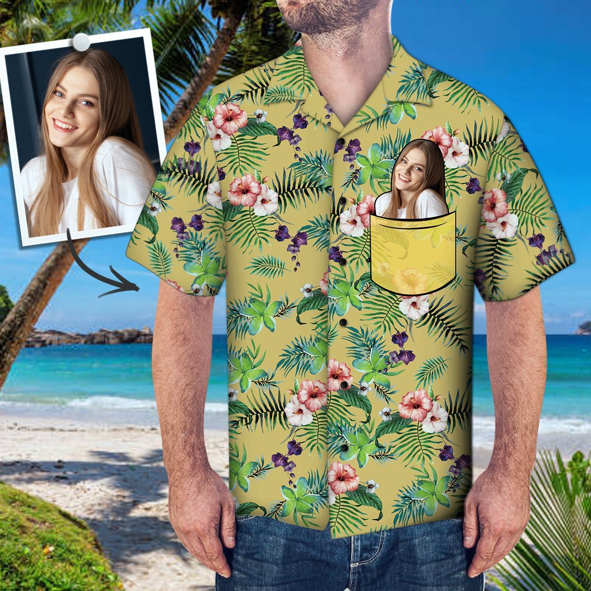 Custom Face Hawaiian Shirt Personalized Photo Fake Pocket Shirt Flowers
