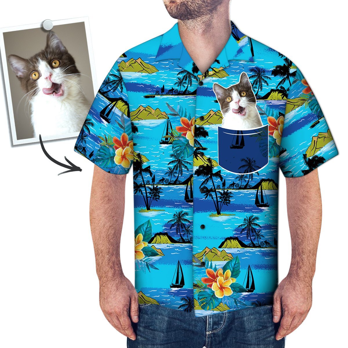 Custom Face Hawaiian Shirt Personalized Photo Fake Pocket Shirt Sailing Tree