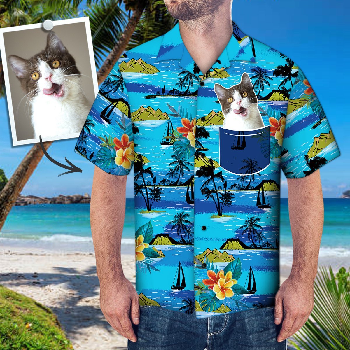 Custom Face Hawaiian Shirt Personalized Photo Fake Pocket Shirt Sailing Tree