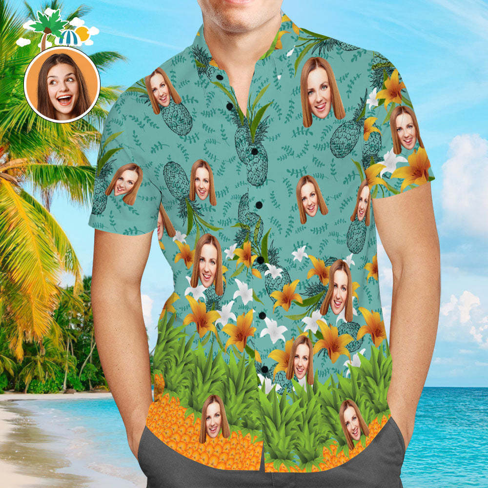 Custom Face Hawaiian Shirt Yellow Flowers Personalized Aloha Beach Shirt for Men