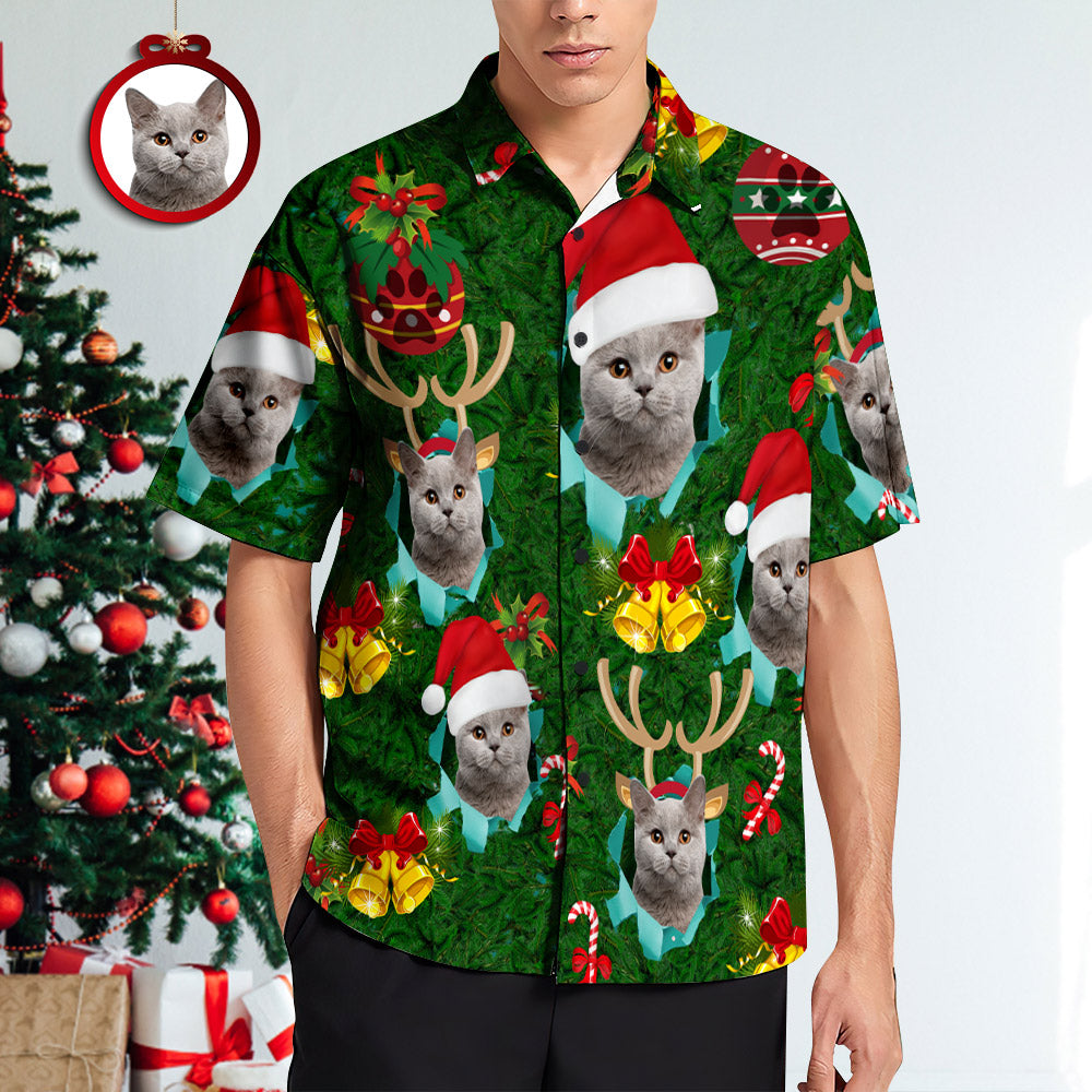 Custom Face Men's Hawaiian Shirt Santa Hat Antlers Christmas Shirt - soufeelmy