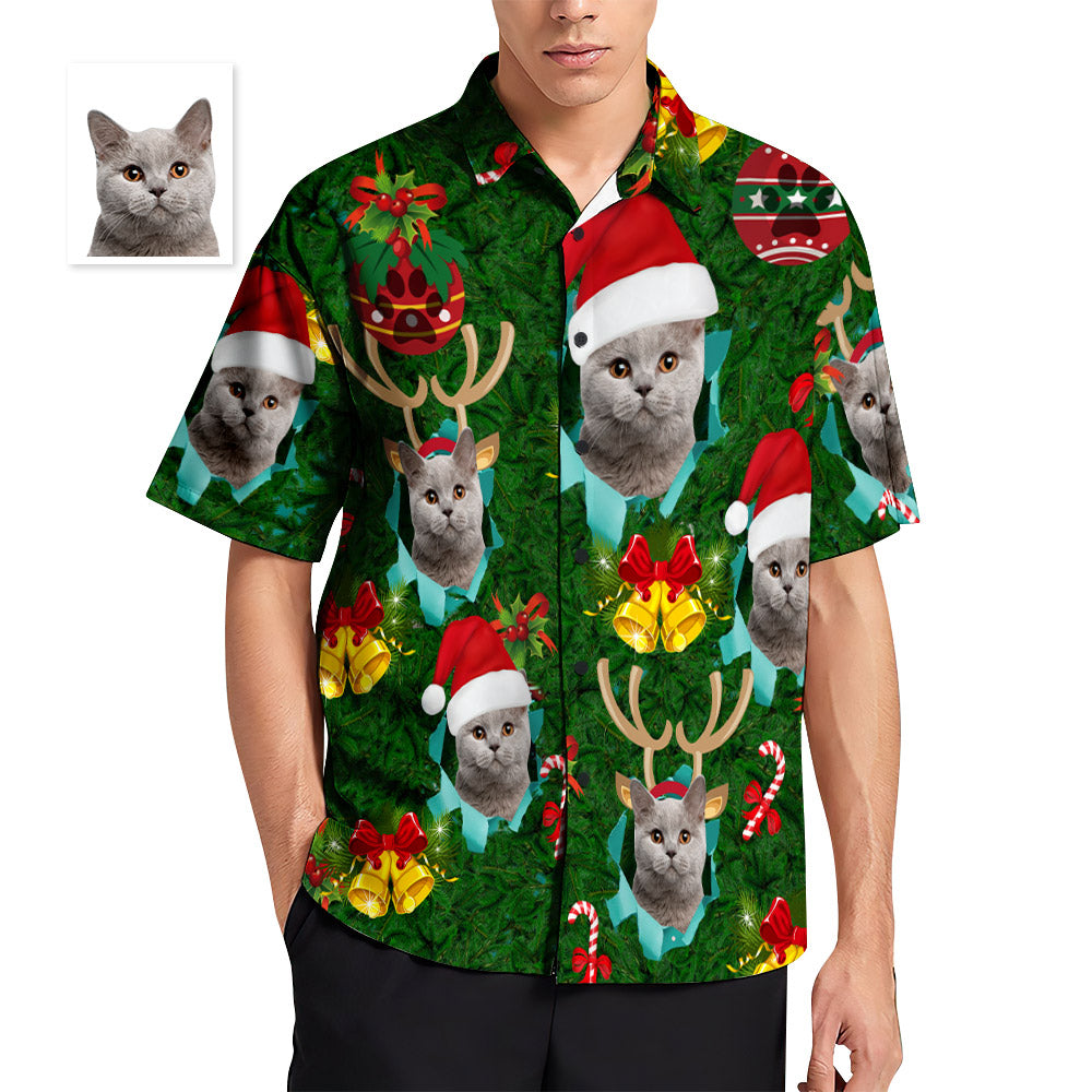 Custom Face Men's Hawaiian Shirt Santa Hat Antlers Christmas Shirt - soufeelmy