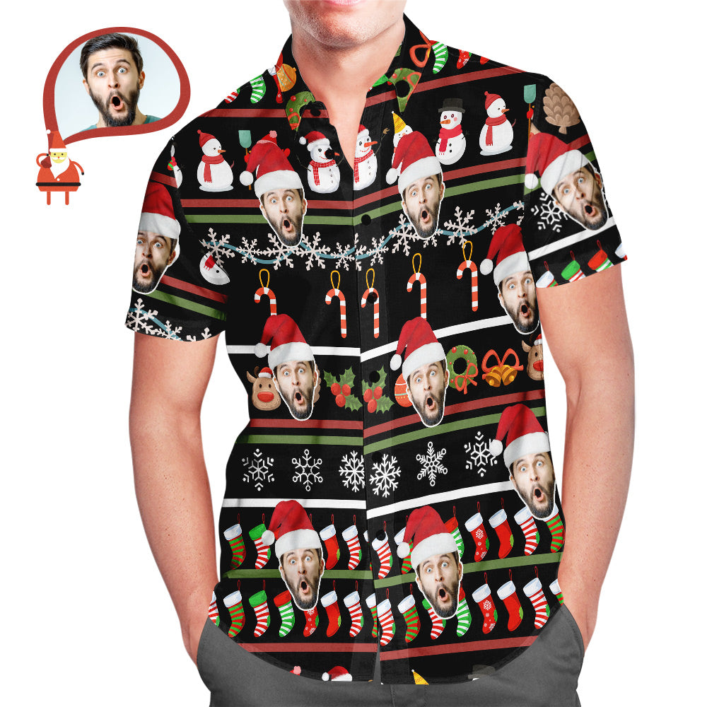 Custom Face Cute Snowman Red Hat Christmas Men's All Over Print Hawaiian Shirt Christmas Gift - soufeelmy