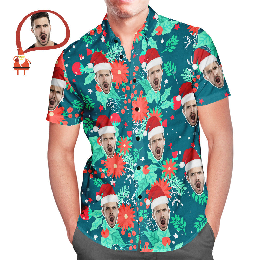 Custom Face Men's All Over Print Christmas Hawaiian Shirt Merry Xmas Is Coming Here - soufeelmy