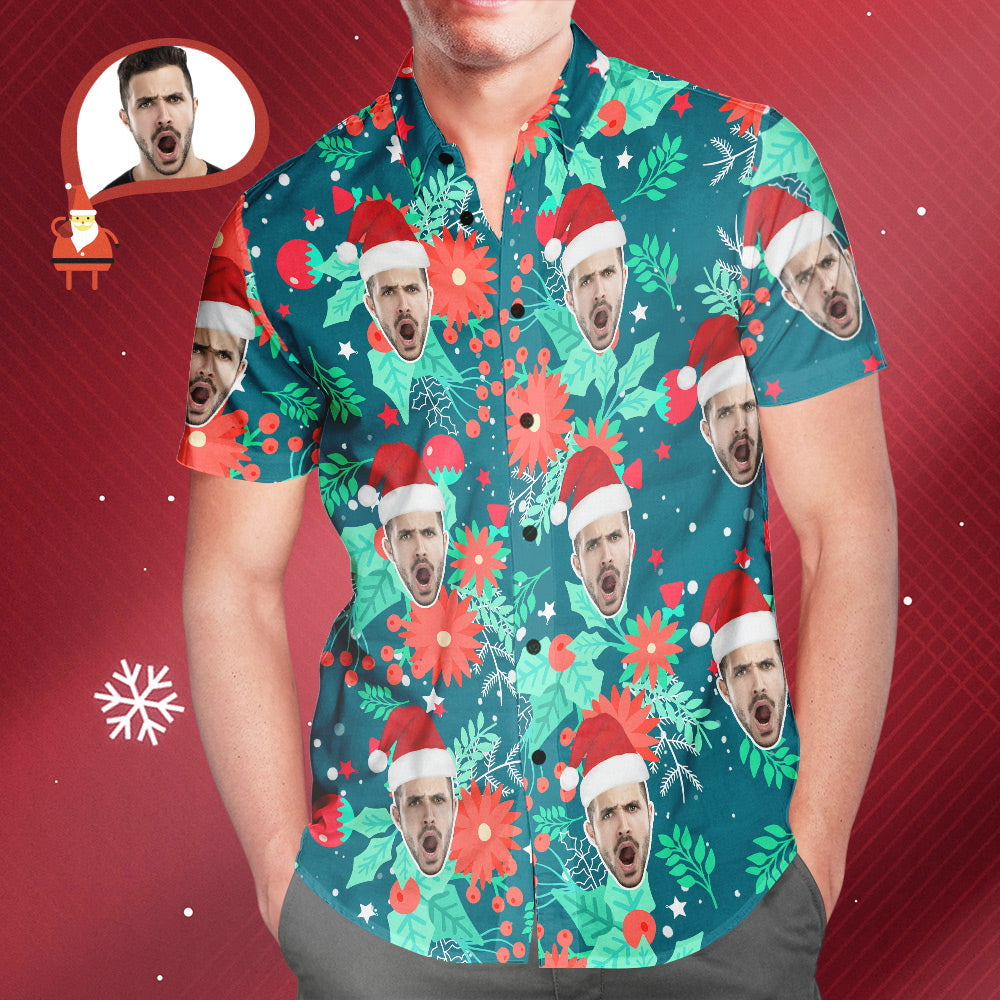 Custom Face Men's All Over Print Christmas Hawaiian Shirt Merry Xmas Is Coming Here - soufeelmy