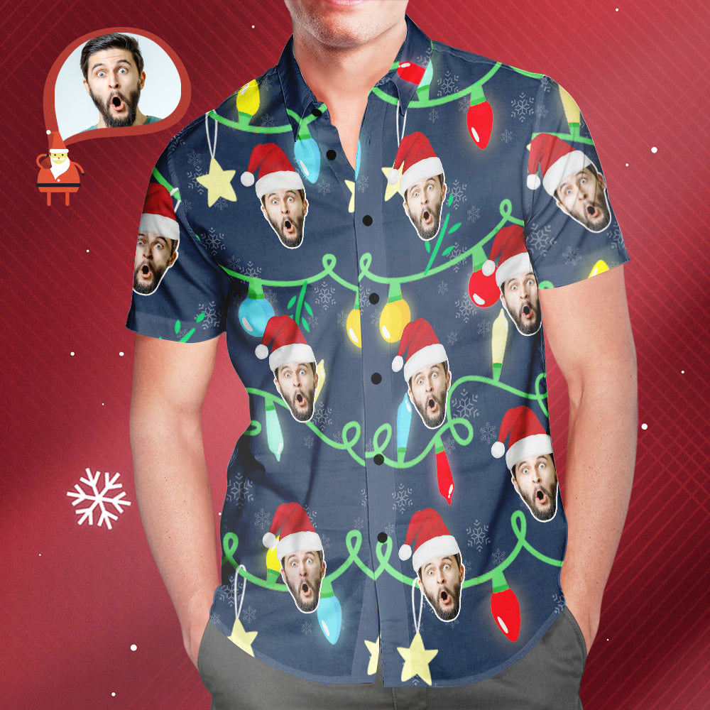 Custom Face Men's All Over Print Christmas Lights Hawaiian Shirt Christmas Gift - soufeelmy