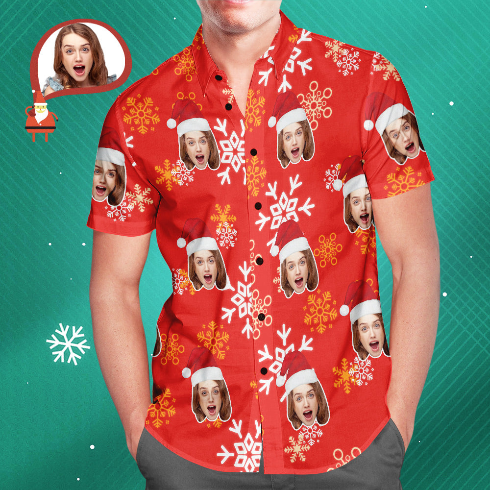 Custom Face Christmas Snowflake Men's Hawaiian Shirt Print Your Own Personalised Shirt for Him - soufeelmy