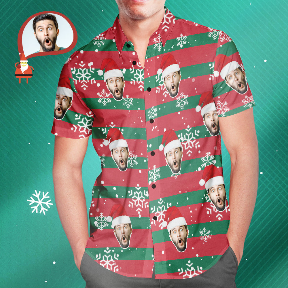 Custom Face Santa Red and Green Christmas Hawaiian Aloha Shirts Gift for Him - soufeelmy