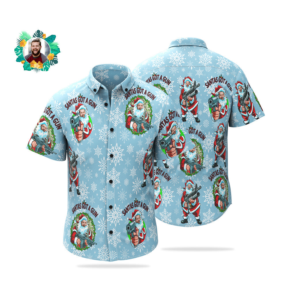 Custom Face Hawaiian Shirt Personalised Photo Funny Santa Claus Christmas Shirt With Machine Gun - soufeelmy