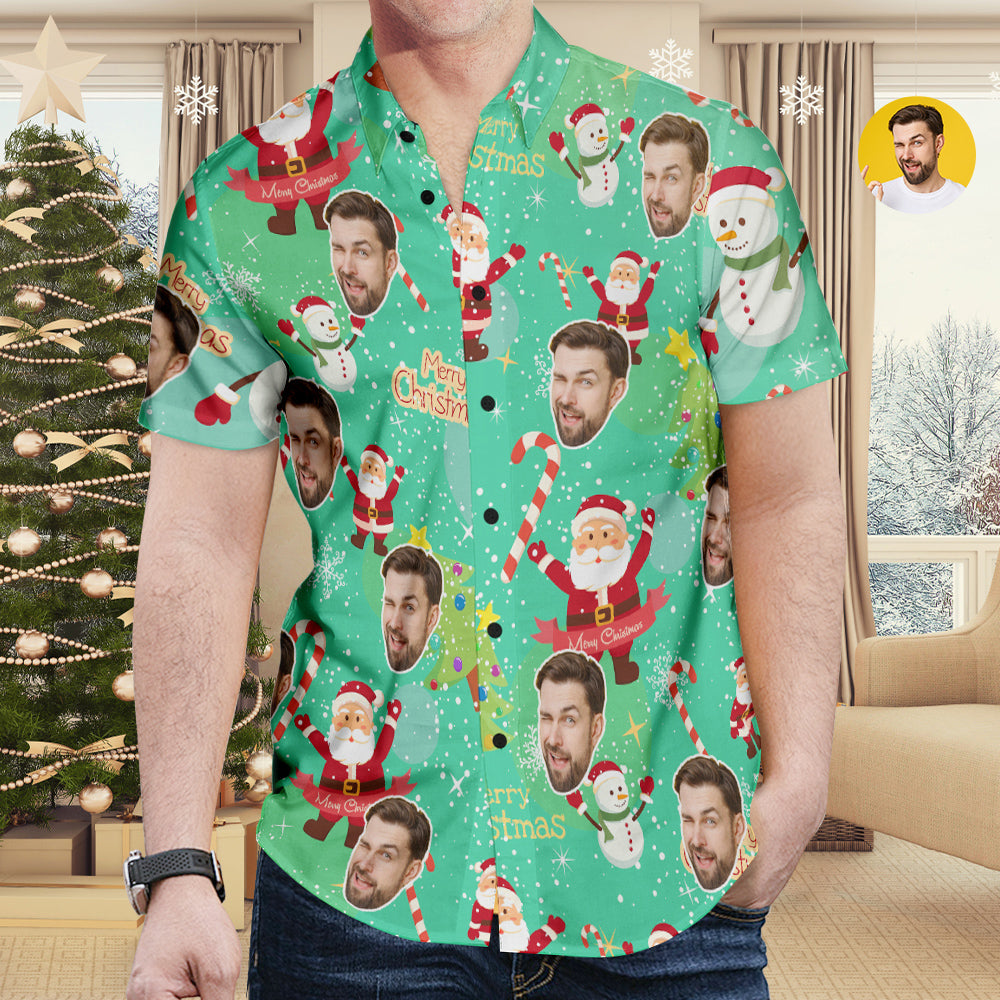 Custom Face Hawaiian Shirt Santa Claus and Snowman Shirt Christmas Gift for Men - soufeelmy