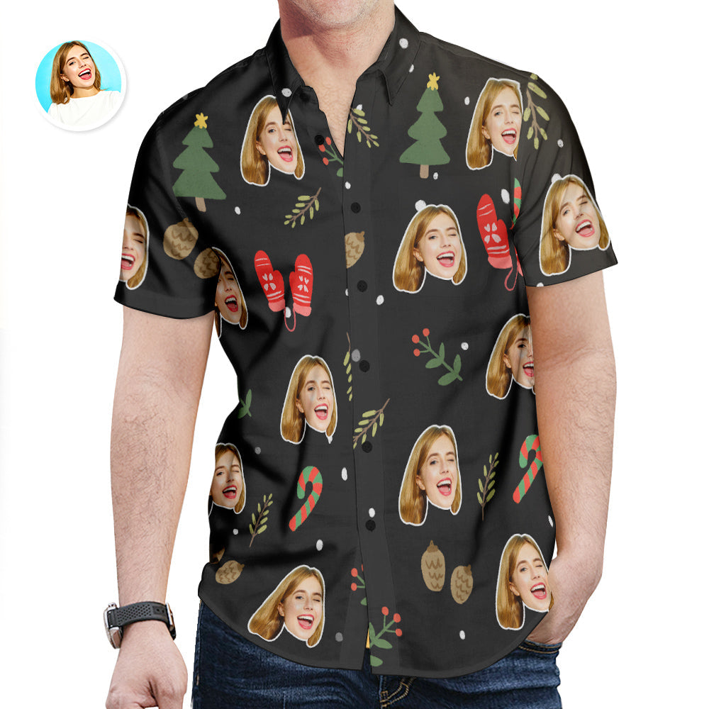 Custom Face All Over Print Christmas Hawaiian Shirt Christmas Gloves Crutch Shirt Gift for Him - soufeelmy