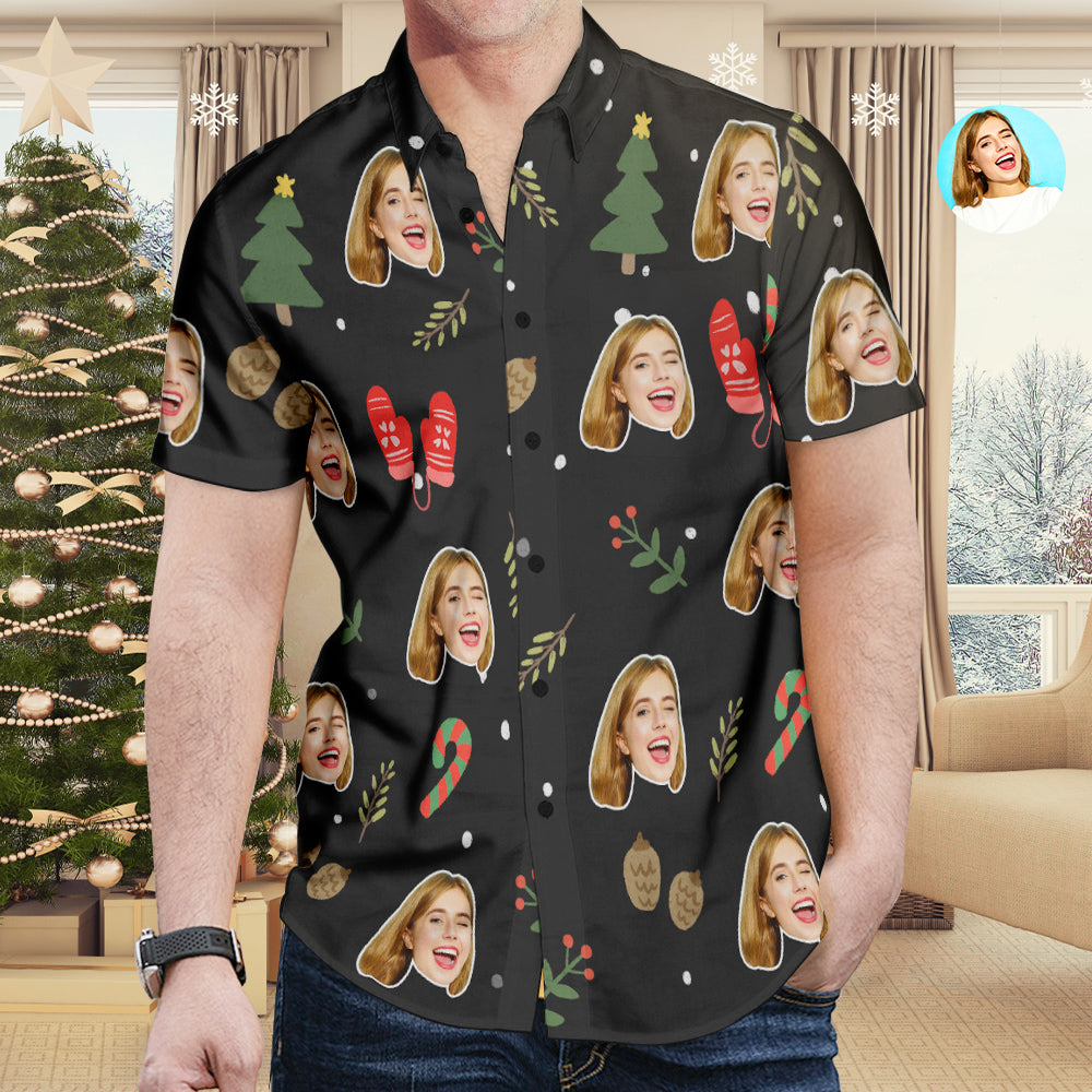 Custom Face All Over Print Christmas Hawaiian Shirt Christmas Gloves Crutch Shirt Gift for Him - soufeelmy