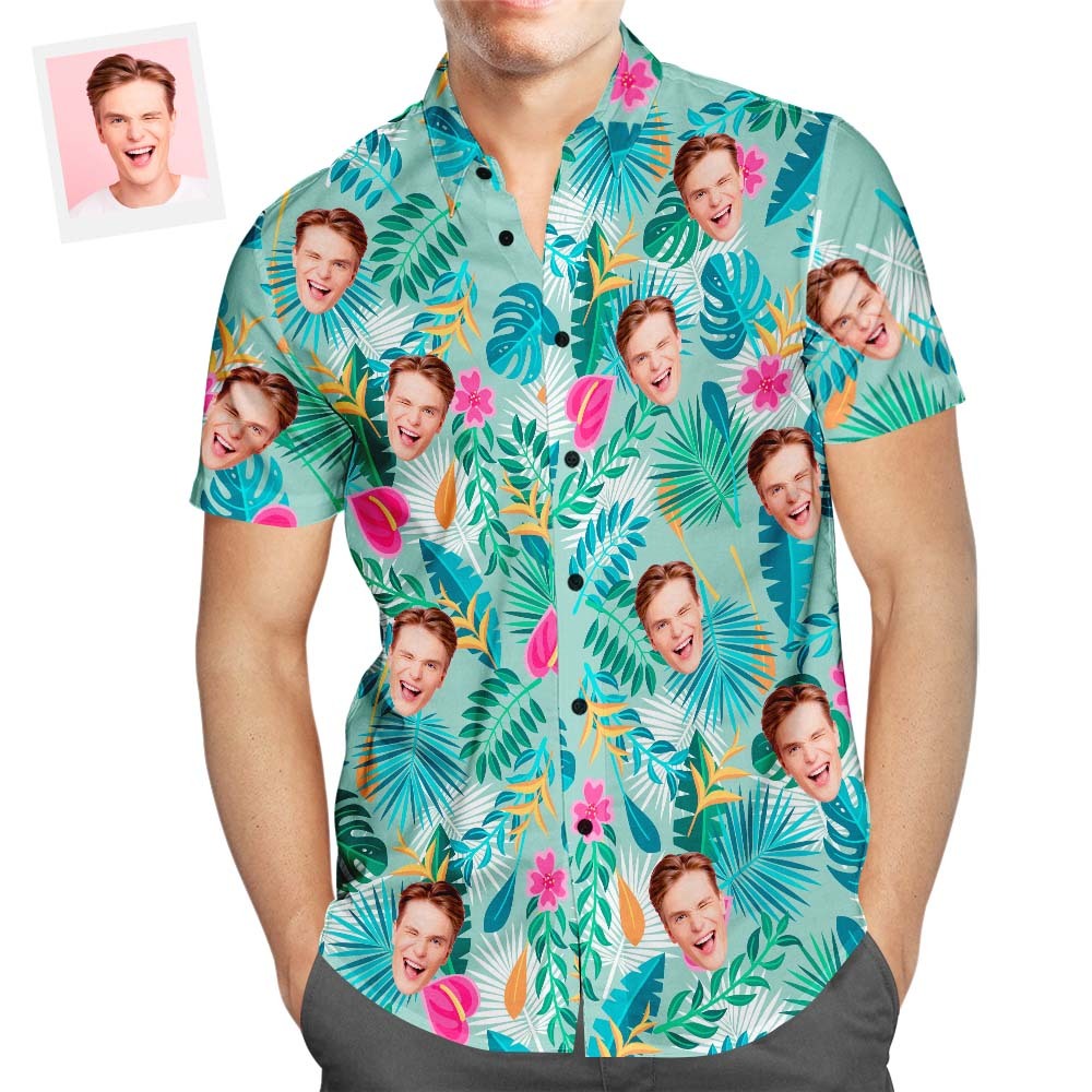 Custom Face Hawaiian Shirt Teal Leaves Beach Shirt Creative Gift for Men - soufeelmy