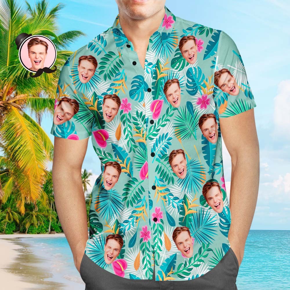 Custom Face Hawaiian Shirt Teal Leaves Beach Shirt Creative Gift for Men - soufeelmy