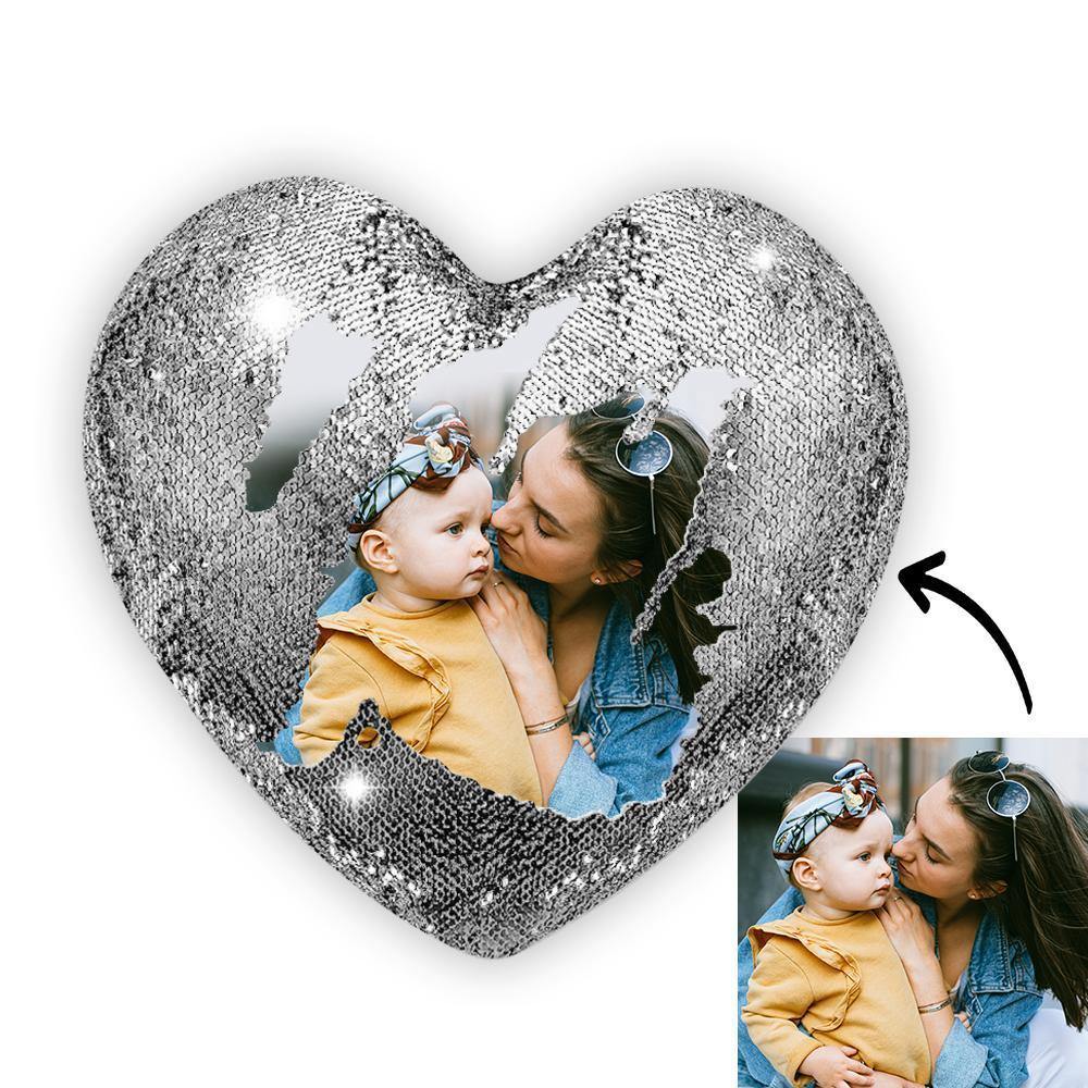 Custom Photo Magic Heart Sequins Pillow Silver - soufeelmy