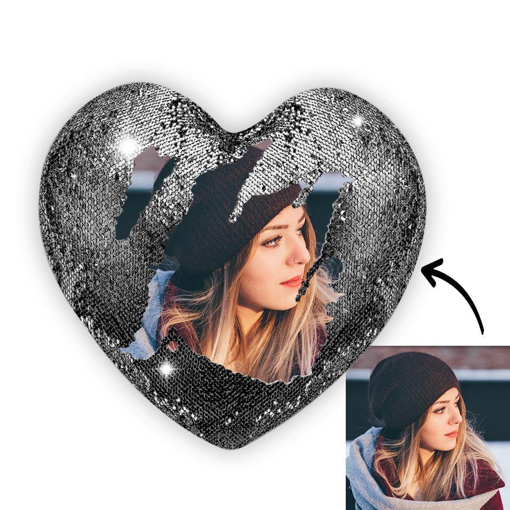 Custom Photo Magic Heart Sequins Pillow Black - soufeelmy