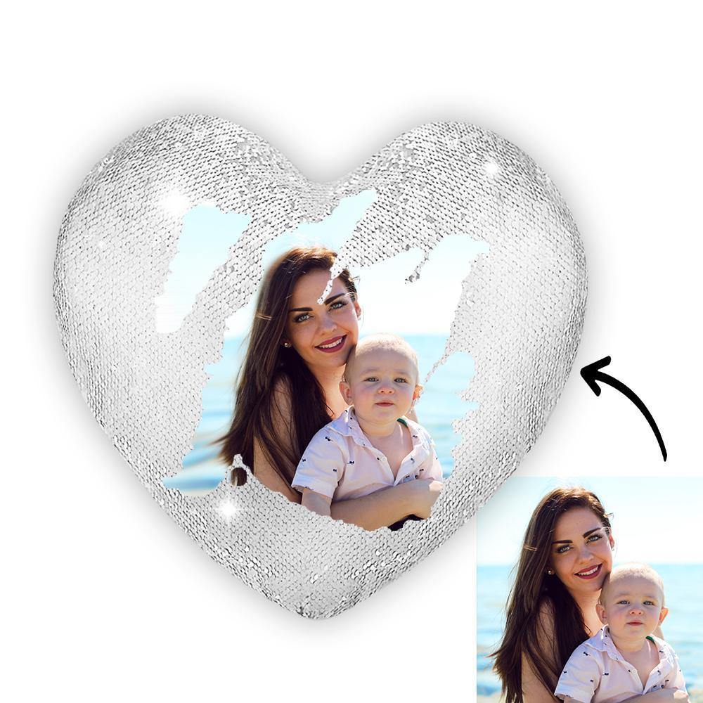 Custom Photo Magic Heart Sequins Pillow White - soufeelmy