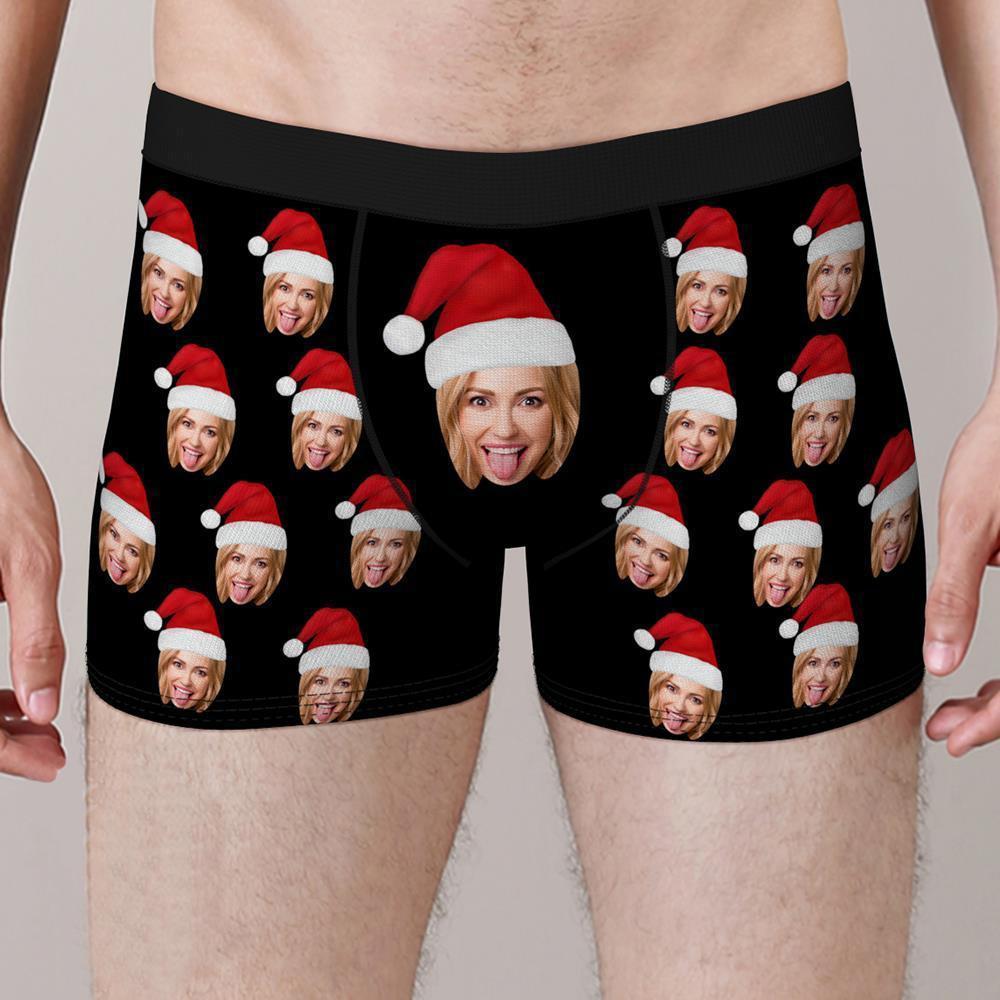 Custom Face Boxers Shorts With Christmas hat Personalized Photo Underwear Christmas Gift For Men