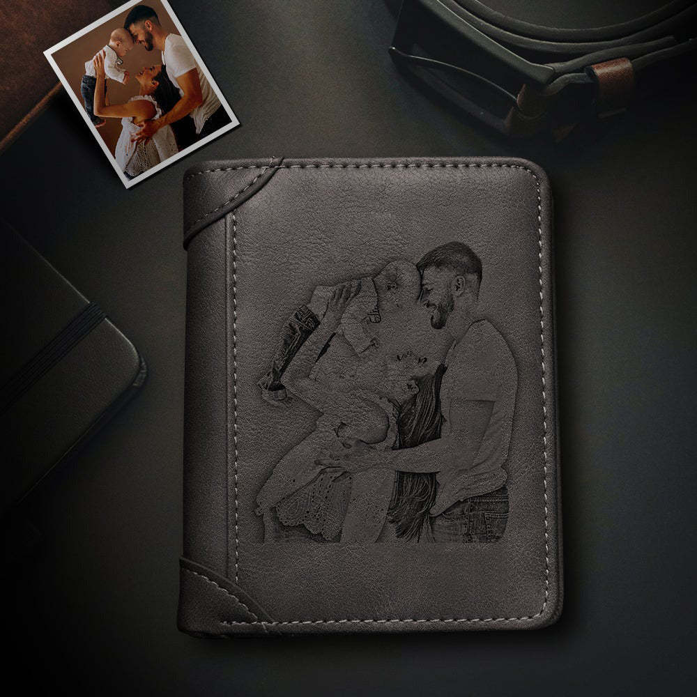 Personalized Photo Leather Bifold Wallets with a Coin Purse & ID Window Pocket Men's Vertical Gray Wallet Father's Day Gift