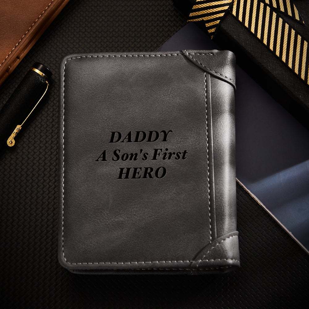 Personalized Photo Leather Bifold Wallets with a Coin Purse & ID Window Pocket Men's Vertical Gray Wallet Father's Day Gift - 