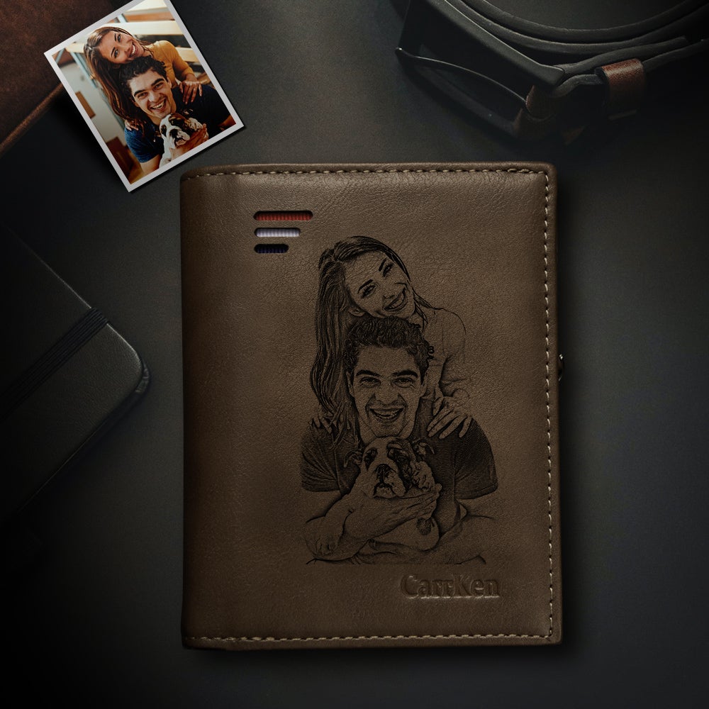 Custom Photo Engraved Vertical Wallet RFID Blocking Wallet with Zipper Coin Pouch Father's Day Gift - 